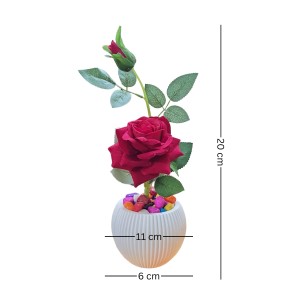 HiTechMart Artificial Rose Flower in White Vase – Realistic Faux Silk Rose with Decorative Pebbles – Home & Office Décor, Gift for Loved Ones