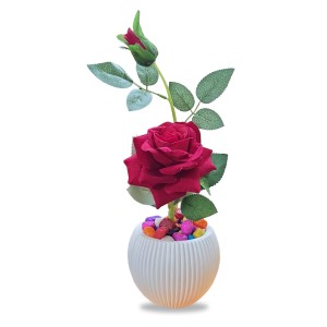 HiTechMart Artificial Rose Flower in White Vase – Realistic Faux Silk Rose with Decorative Pebbles – Home & Office Décor, Gift for Loved Ones