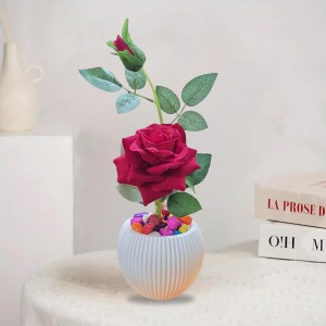 HiTechMart Artificial Rose Flower in White Vase – Realistic Faux Silk Rose with Decorative Pebbles – Home & Office Décor, Gift for Loved Ones