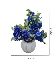 HiTechMart Elegant Blue Artificial Flower Arrangement in Textured White Ceramic Vase – Lifelike Faux Floral Décor for Home, Office, Living Room, and Gifting