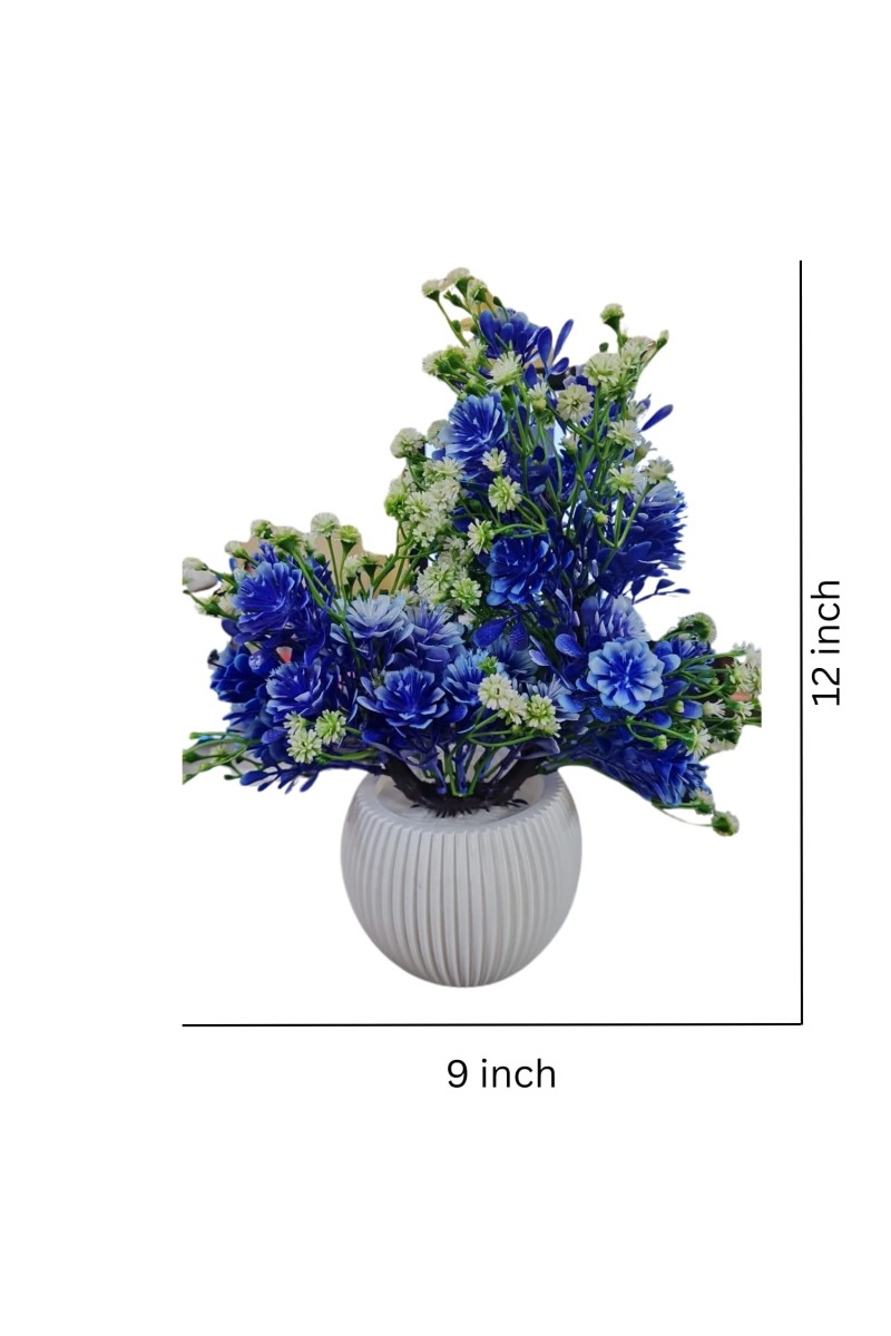 HiTechMart Elegant Blue Artificial Flower Arrangement in Textured White Ceramic Vase – Lifelike Faux Floral Décor for Home, Office, Living Room, and Gifting