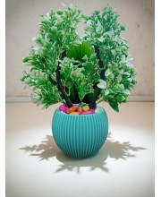 HI TECH Sales Artificial Potted Plant with Green Foliage & Decorative Stones – Faux Bonsai Tree in a Stylish Ribbed Ceramic Vase for Home & Office Décor