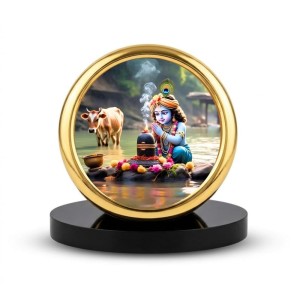 Car Desk/Table Top Lord Krishna Metal Golden Photo Stand 2x2 Inches, Compact & Stylish Spiritual Display for Car, Home & Office (Pack of 1) (F18701)