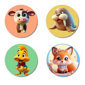 Cow, Walrus, Duck, and Fox. Fridge Magnets 4 Piece Set | 3 Inch Round Wall Fridge Decor (F22952)
