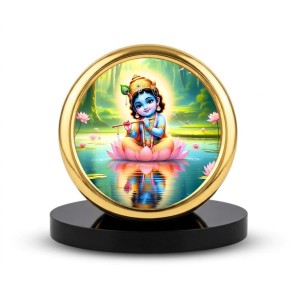 Car Desk/Table Top Lord Krishna Metal Golden Photo Stand 2x2 Inches, Compact & Stylish Spiritual Display for Car, Home & Office (Pack of 1) (F18702)
