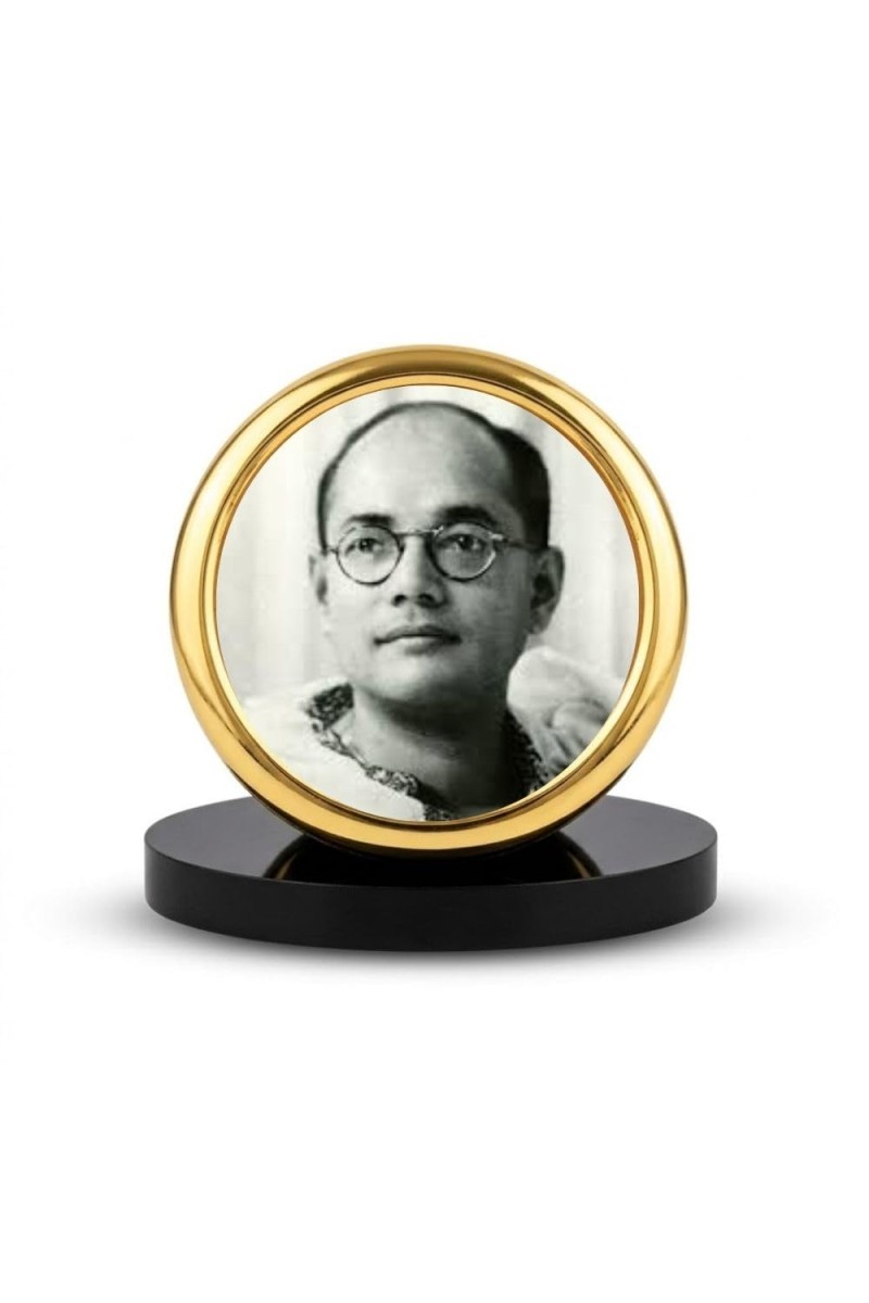 Car Desk/Table Top Netaji Subhas Chandra Bose Metal Golden Photo Stand 2x2 Inches, Compact & Stylish Spiritual Display for Car, Home & Office (Pack of 1) (F18528)