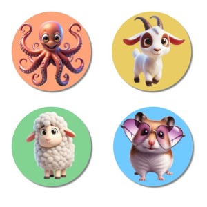 Octopus, Goat, Sheep, and Hamster. Fridge Magnets 4 Piece Set | 3 Inch Round Wall Fridge Decor (F22976)