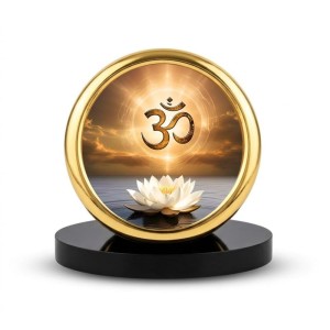 Car Desk/Table Top Om Symbol Metal Golden Photo Stand 2x2 Inches, Compact & Stylish Spiritual Display for Car, Home & Office (Pack of 1) (F18677)