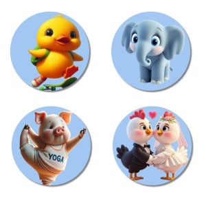Duckling, Elephant, Pig, Chickens Fridge Magnets 4 Piece Set | 3 Inch Round Wall Fridge Decor (F23166)