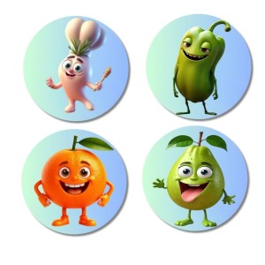 Garlic, Bitter Gourd, Orange, Guava Fridge Magnets 4 Piece Set | 3 Inch Round Wall Fridge Decor (F23300)