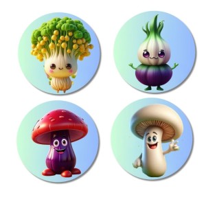 Broccoli, Onion, Mushroom, Mushroom Fridge Magnets 4 Piece Set | 3 Inch Round Wall Fridge Decor (F23305)