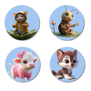Mouse, Cricket, Calf, Wolf Fridge Magnets 4 Piece Set | 3 Inch Round Wall Fridge Decor (F23163)