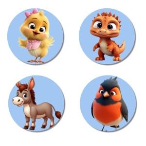 Chick, Dinosaur, Donkey, and Bird. Fridge Magnets 4 Piece Set | 3 Inch Round Wall Fridge Decor (F23076)