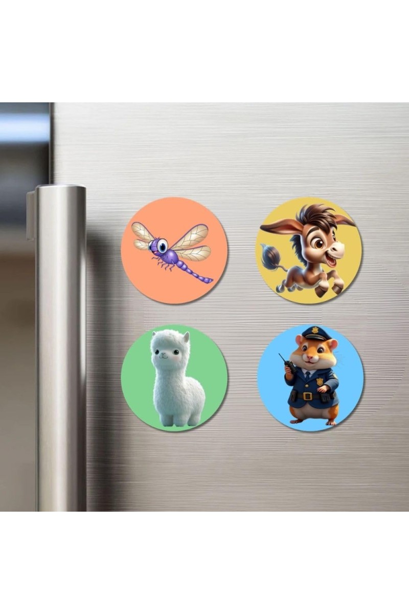 Dragonfly, Donkey, Alpaca, and Hamster. Fridge Magnets 4 Piece Set | 3 Inch Round Wall Fridge Decor (F23046)