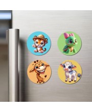 Chick, Flamingo, Lion, and Jellyfish Fridge Magnets 4 Piece Set | 3 Inch Round Wall Fridge Decor (F22894)
