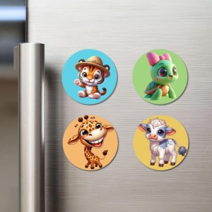 Chick, Flamingo, Lion, and Jellyfish Fridge Magnets 4 Piece Set | 3 Inch Round Wall Fridge Decor (F22894)