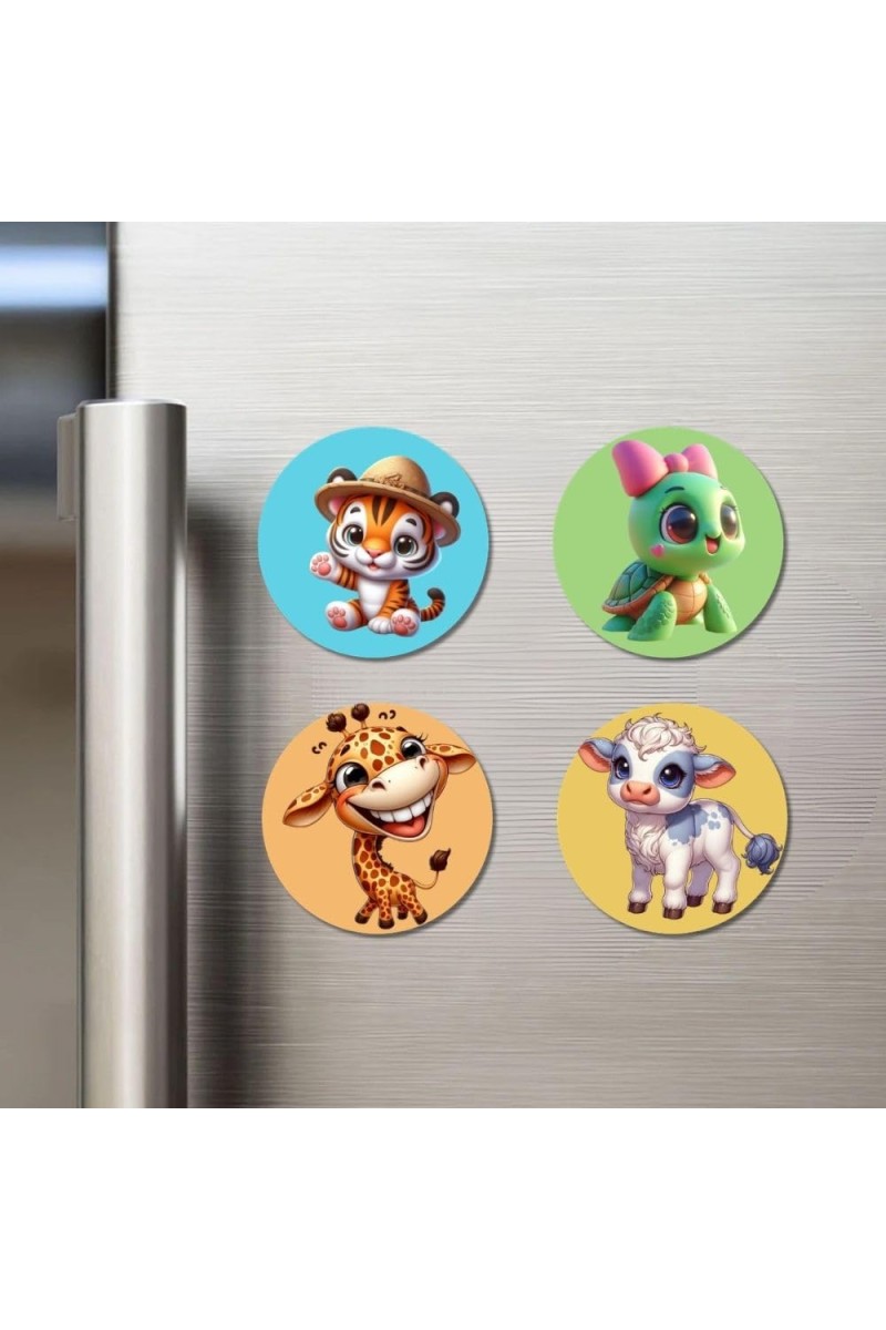 Chick, Flamingo, Lion, and Jellyfish Fridge Magnets 4 Piece Set | 3 Inch Round Wall Fridge Decor (F22894)