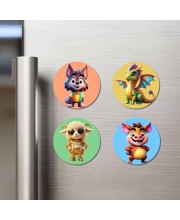 Wolf, Dragon, Sheep, and Pig. Fridge Magnets 4 Piece Set | 3 Inch Round Wall Fridge Decor (F23022)