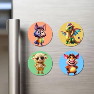 Wolf, Dragon, Sheep, and Pig. Fridge Magnets 4 Piece Set | 3 Inch Round Wall Fridge Decor (F23022)