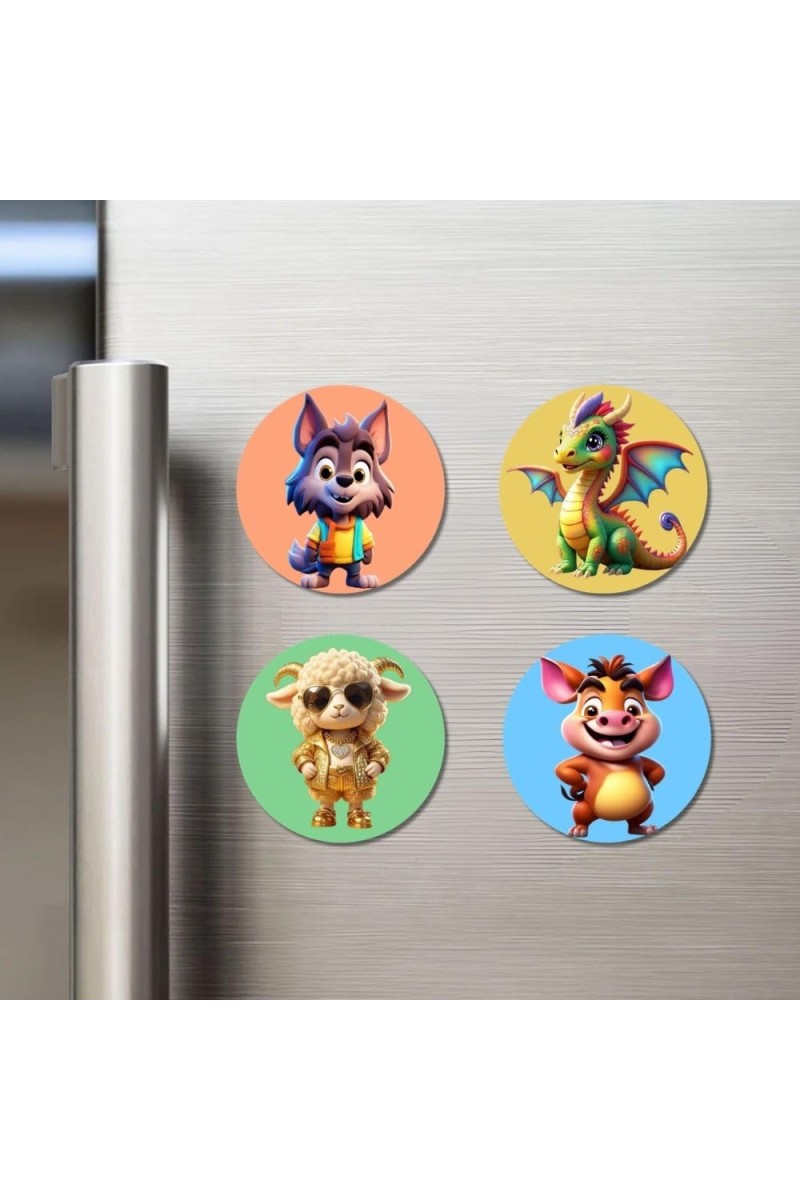 Wolf, Dragon, Sheep, and Pig. Fridge Magnets 4 Piece Set | 3 Inch Round Wall Fridge Decor (F23022)