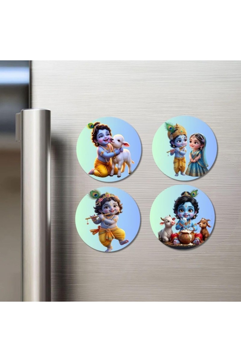 Krishna Fridge Magnets 4 Piece Set | 3 Inch Round Wall Fridge Decor (F23227)