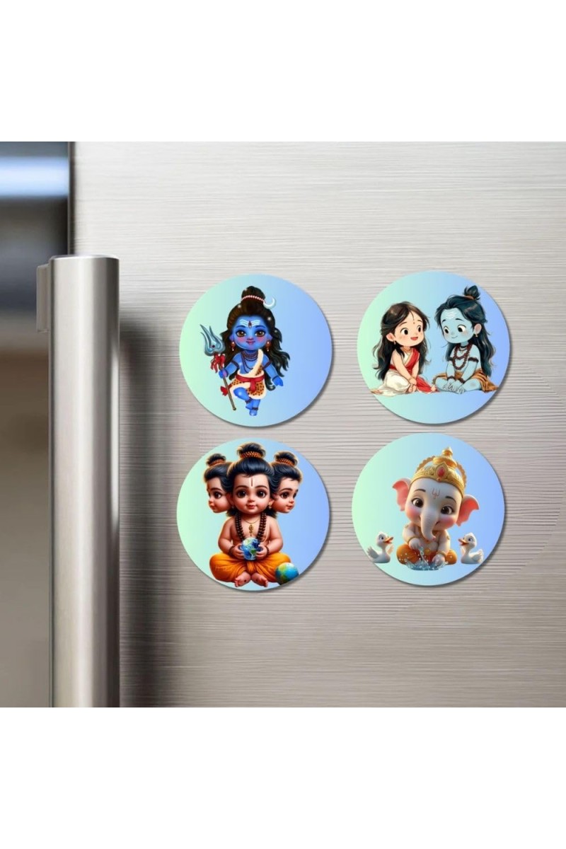 Shiva, Rama, Sita, Brahma, and Ganesha. Fridge Magnets 4 Piece Set | 3 Inch Round Wall Fridge Decor (F22849)