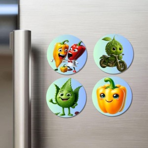Chili, Bitter Gourd, Okra, Capsicum Fridge Magnets 4 Piece Set | 3 Inch Round Wall Fridge Decor (F23302)