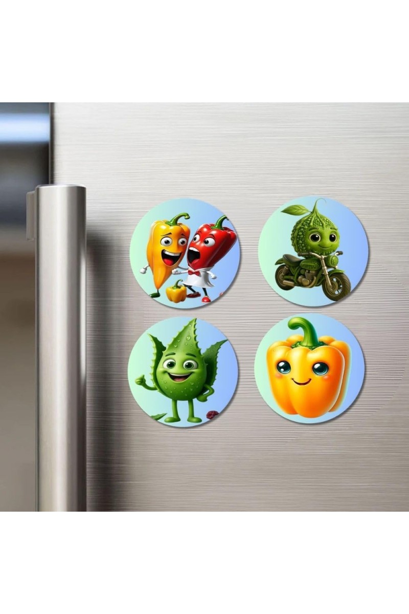 Chili, Bitter Gourd, Okra, Capsicum Fridge Magnets 4 Piece Set | 3 Inch Round Wall Fridge Decor (F23302)