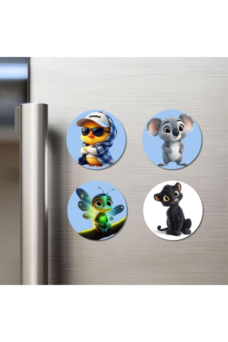 Duckling, Koala, Firefly, Panther Cub Fridge Magnets 4 Piece Set | 3 Inch Round Wall Fridge Decor (F23161)