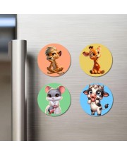 Cheetah, Giraffe, Mouse, and Cow. Fridge Magnets 4 Piece Set | 3 Inch Round Wall Fridge Decor (F23032)