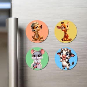 Cheetah, Giraffe, Mouse, and Cow. Fridge Magnets 4 Piece Set | 3 Inch Round Wall Fridge Decor (F23032)