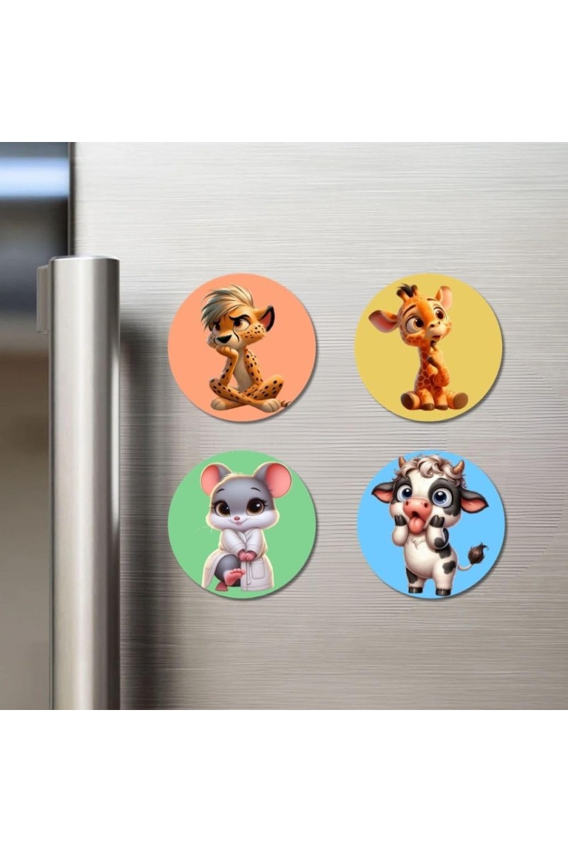 Cheetah, Giraffe, Mouse, and Cow. Fridge Magnets 4 Piece Set | 3 Inch Round Wall Fridge Decor (F23032)