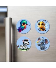 Hummingbird, Bee, Zebra, and Elephant. Fridge Magnets 4 Piece Set | 3 Inch Round Wall Fridge Decor (F23053)