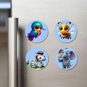 Hummingbird, Bee, Zebra, and Elephant. Fridge Magnets 4 Piece Set | 3 Inch Round Wall Fridge Decor (F23053)
