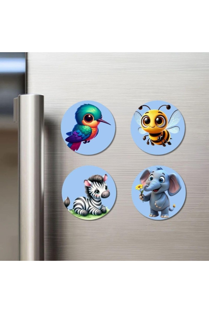 Hummingbird, Bee, Zebra, and Elephant. Fridge Magnets 4 Piece Set | 3 Inch Round Wall Fridge Decor (F23053)