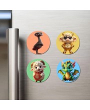 Emu, Sheep, Ram, and Dragon. Fridge Magnets 4 Piece Set | 3 Inch Round Wall Fridge Decor (F23020)