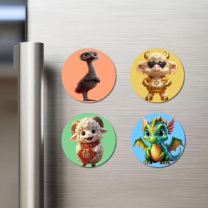 Emu, Sheep, Ram, and Dragon. Fridge Magnets 4 Piece Set | 3 Inch Round Wall Fridge Decor (F23020)