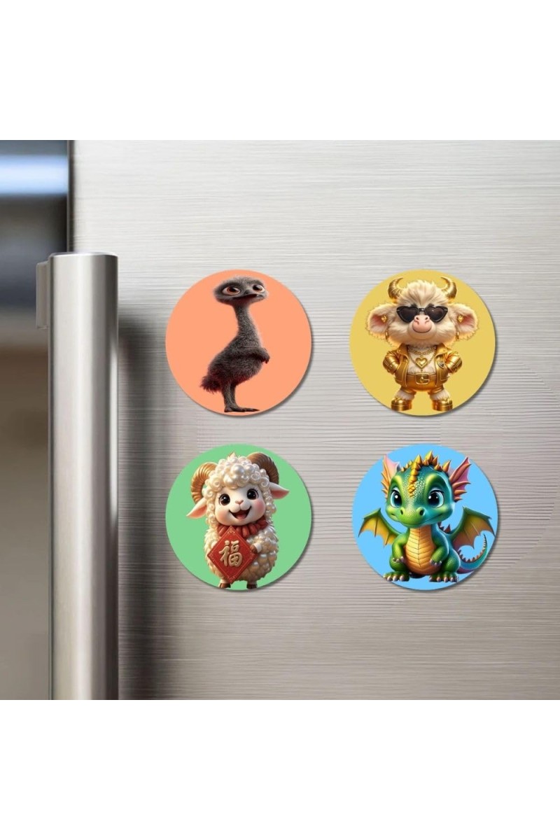 Emu, Sheep, Ram, and Dragon. Fridge Magnets 4 Piece Set | 3 Inch Round Wall Fridge Decor (F23020)