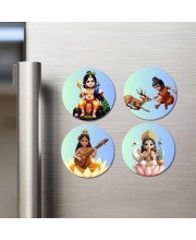 Krishna, Krishna, Saraswati, Lakshmi Fridge Magnets 4 Piece Set | 3 Inch Round Wall Fridge Decor (F23261)