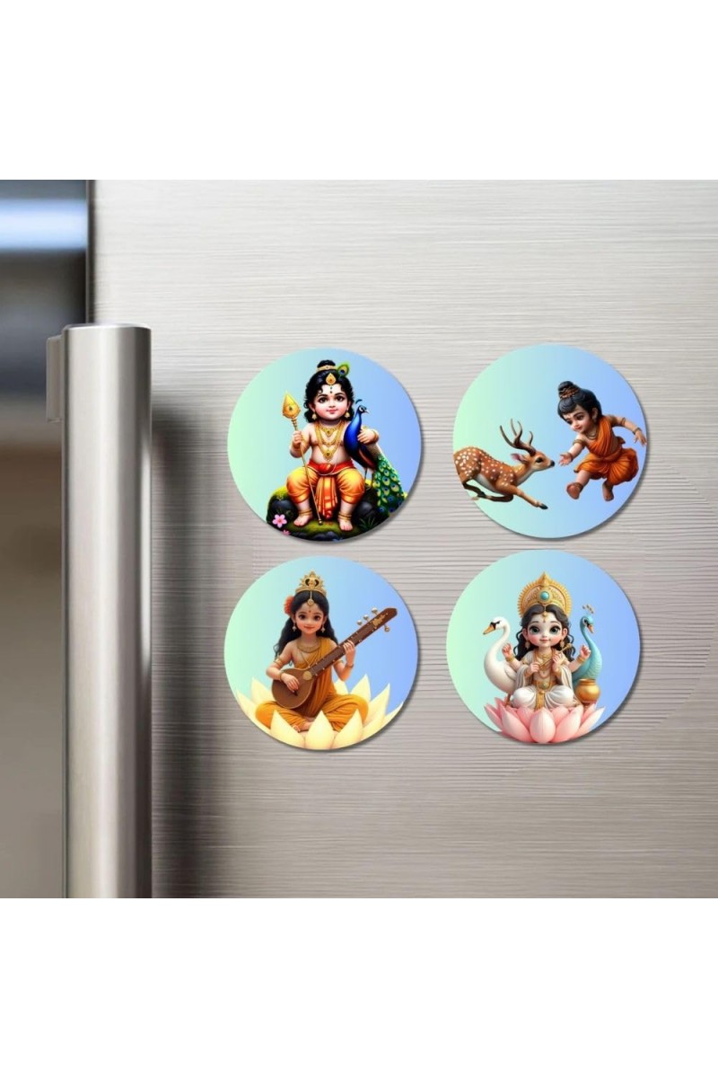 Krishna, Krishna, Saraswati, Lakshmi Fridge Magnets 4 Piece Set | 3 Inch Round Wall Fridge Decor (F23261)