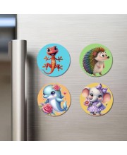 Lizard, Hedgehog, Dolphin, and Elephant. Fridge Magnets 4 Piece Set | 3 Inch Round Wall Fridge Decor (F22857)