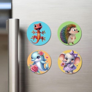 Lizard, Hedgehog, Dolphin, and Elephant. Fridge Magnets 4 Piece Set | 3 Inch Round Wall Fridge Decor (F22857)