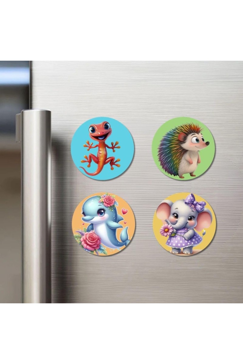 Lizard, Hedgehog, Dolphin, and Elephant. Fridge Magnets 4 Piece Set | 3 Inch Round Wall Fridge Decor (F22857)