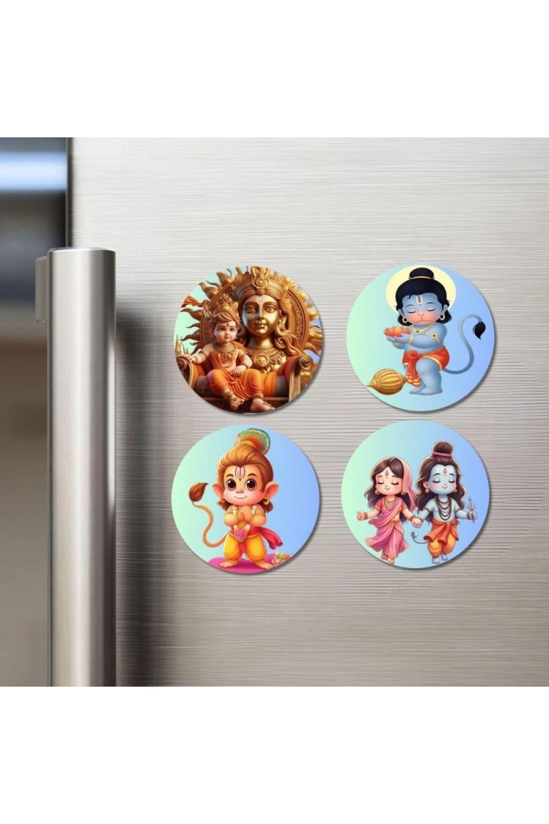 Shiva, Krishna, Hanuman, Rama, and Sita. Fridge Magnets 4 Piece Set | 3 Inch Round Wall Fridge Decor (F22818)
