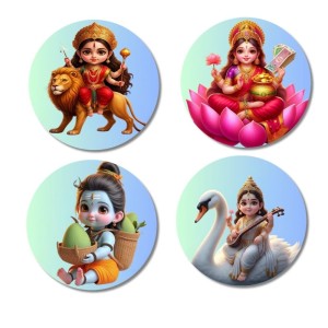 Durga, Lakshmi, Krishna, and Saraswati. Fridge Magnets 4 Piece Set | 3 Inch Round Wall Fridge Decor (F23195)