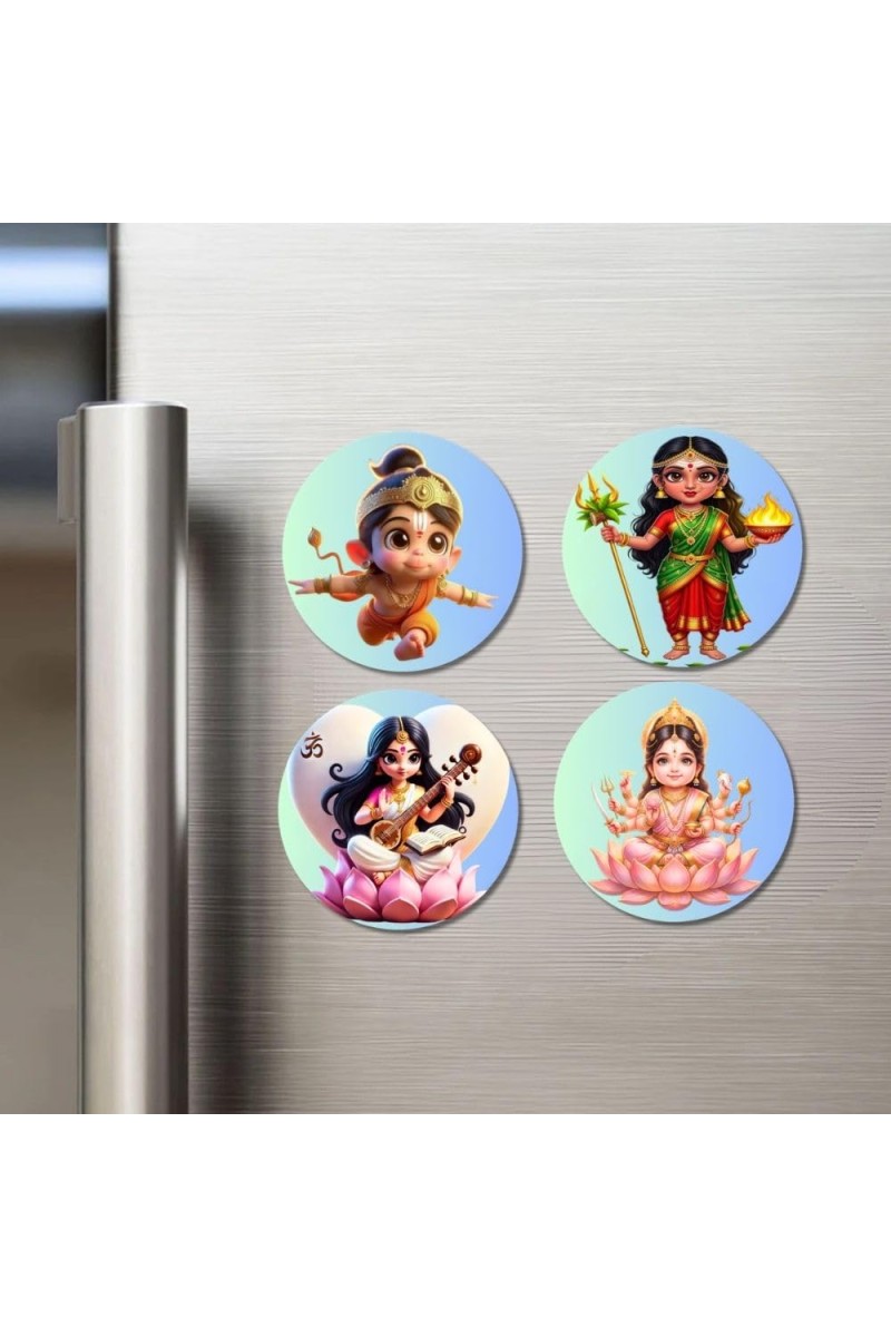Hanuman, Durga, Saraswati, Lakshmi Fridge Magnets 4 Piece Set | 3 Inch Round Wall Fridge Decor (F23176)