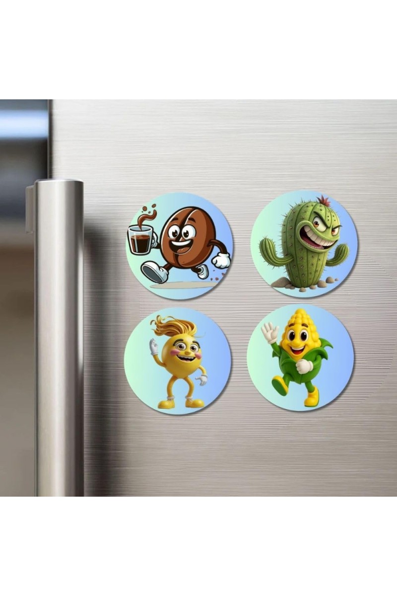 Coffee Bean, Cactus, Lemon, Corn Fridge Magnets 4 Piece Set | 3 Inch Round Wall Fridge Decor (F23326)