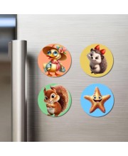 Duck, Hedgehog, Squirrel, and Starfish. Fridge Magnets 4 Piece Set | 3 Inch Round Wall Fridge Decor (F22968)