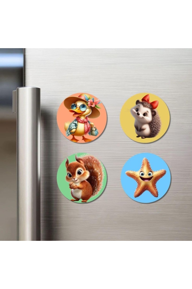 Duck, Hedgehog, Squirrel, and Starfish. Fridge Magnets 4 Piece Set | 3 Inch Round Wall Fridge Decor (F22968)