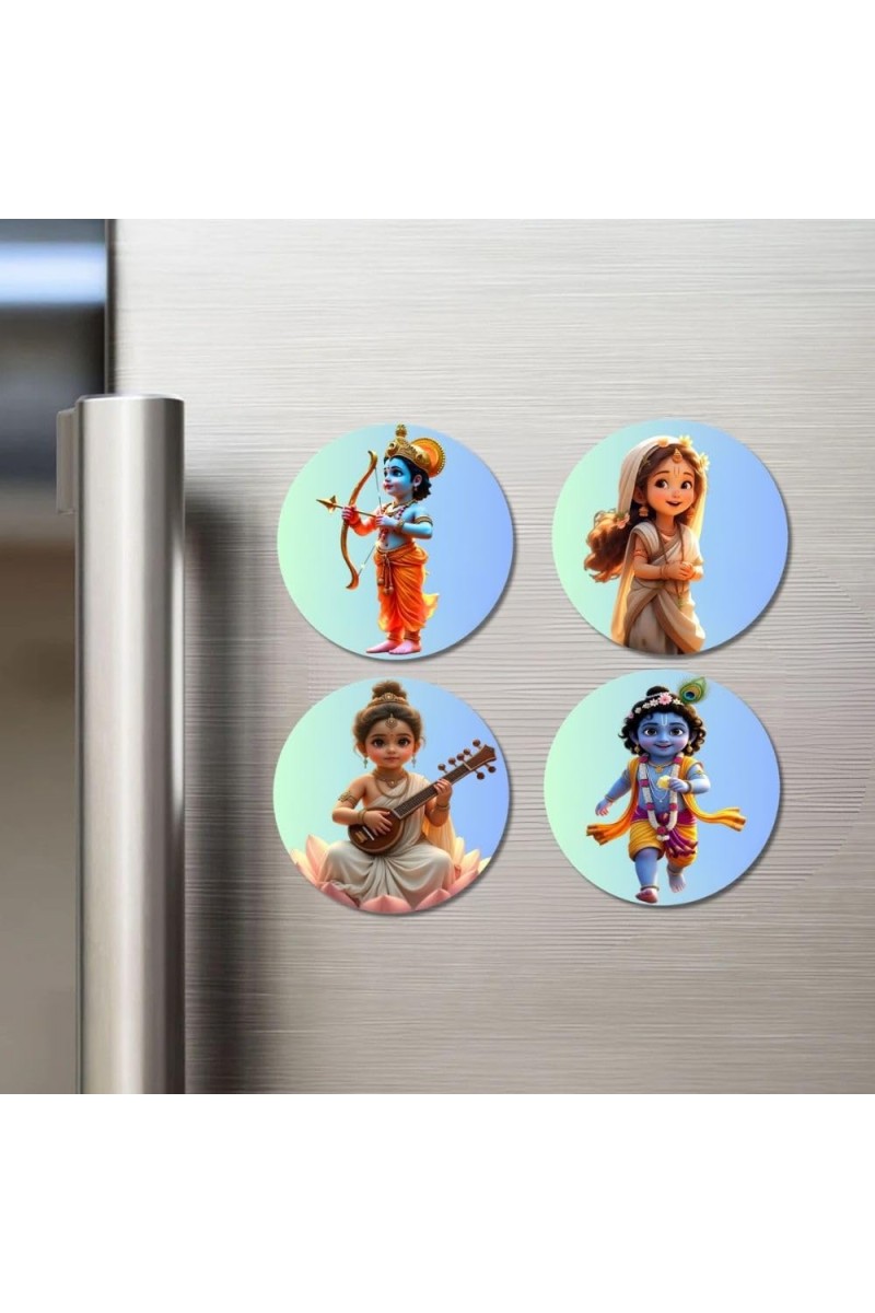 Shiva, Shakti, Ganesha, Kartikeya, and Krishna. Fridge Magnets 4 Piece Set | 3 Inch Round Wall Fridge Decor (F23198)